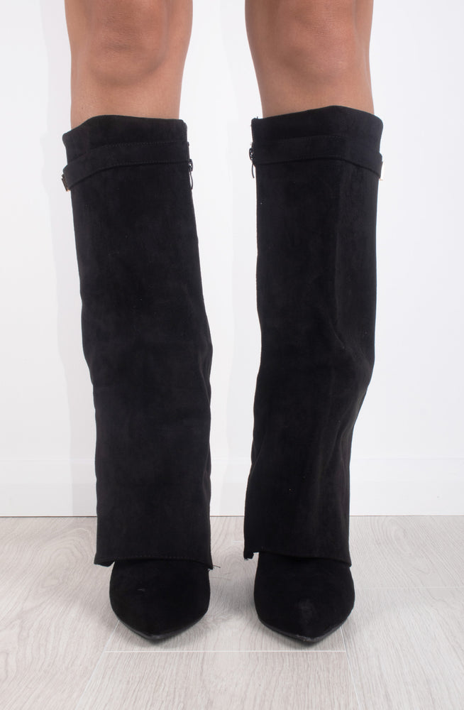 Black Faux Suede Fold Over Shark Classic Buckle Knee High Boot