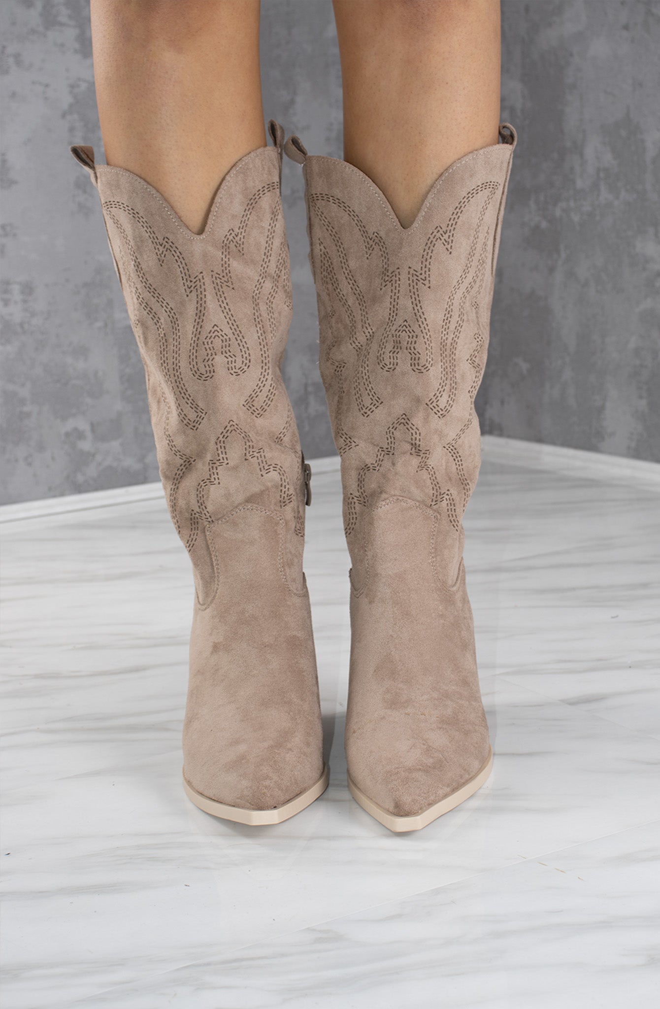 Load image into Gallery viewer, Taupe Almond Toe Mid Calf Embroidered Cowboy Boot
