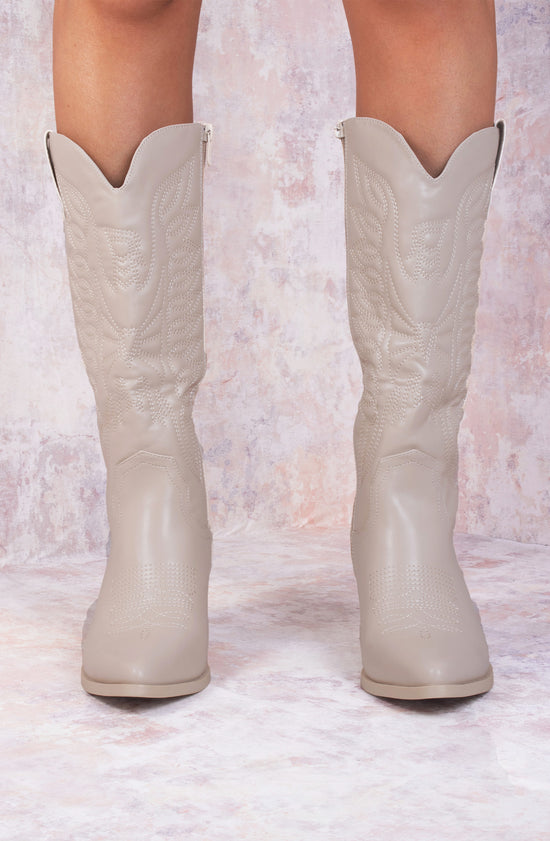 Load image into Gallery viewer, Beige Calf Length PU Cowboy Boot

