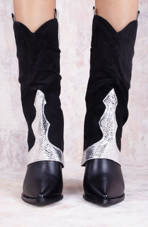 Black Silver Shark Fold Over Tab Detail Cowboy Boots
