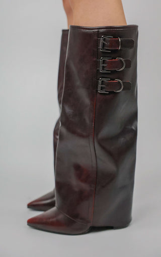 Wine Knee High Fold Over Buckle Boots