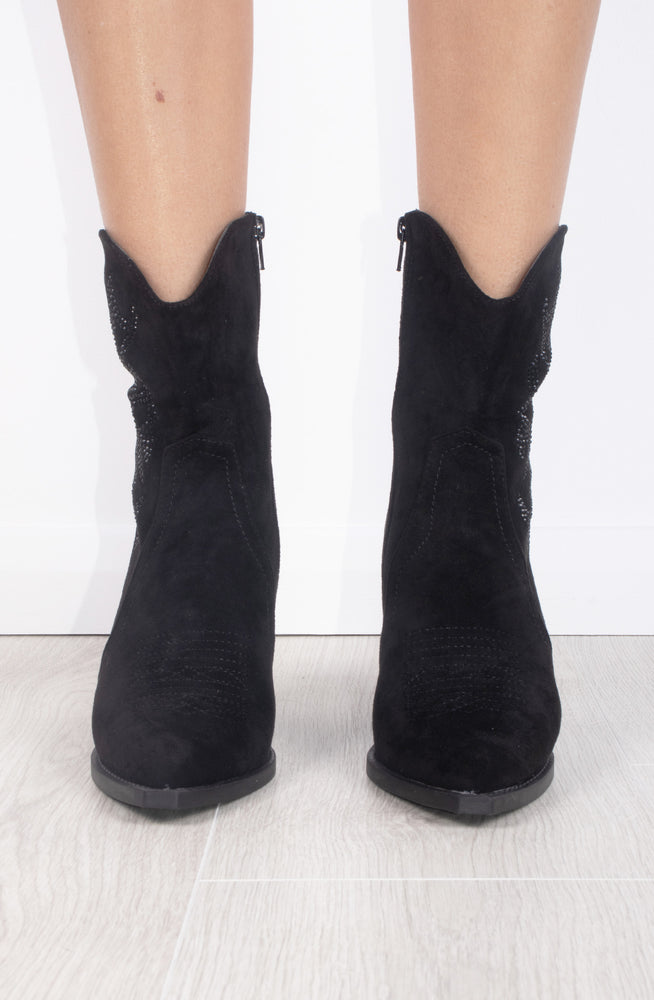 
            
                Load image into Gallery viewer, Black Rhinestone Suede Cowboy Ankle Boots
            
        