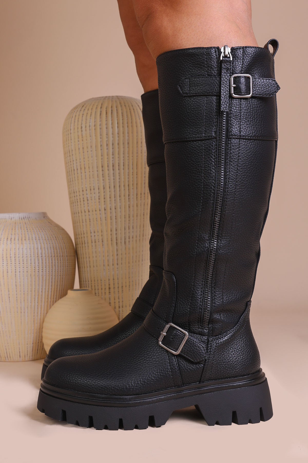 Womens Black Faux Leather Chunky Lug Sole Zip Detail Knee High Biker womens-black-faux-leather-chunky-lug-sole-zip-detail-knee-high-biker