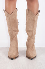 Beige Faux Embroidered Suede Knee High Block Heel Cowboy Boots