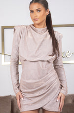 Nude Glitter Bodycon Long Sleeve Drape Mini Dress