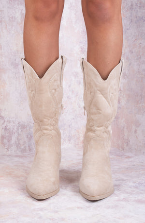 
            
                Load image into Gallery viewer, Beige Faux Suede Mid Calf Block Heel Cowboy Boots
            
        