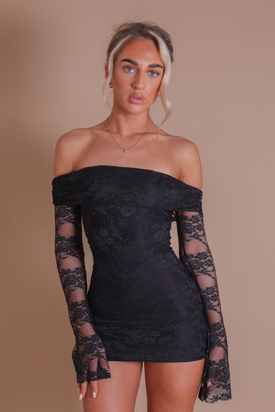 Women's Black Lace Mini Dress | Off-the-Shoulder Flare Sleeve