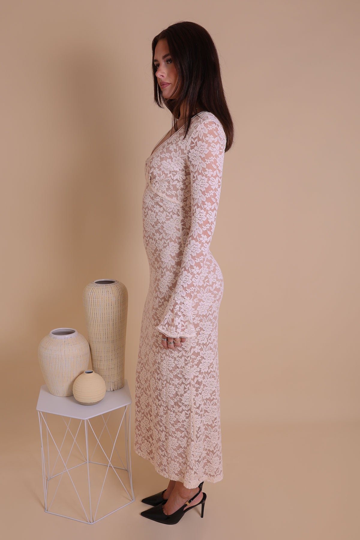 Womens Beige Lace Long Sleeve Bell Cuff Maxi Dresss