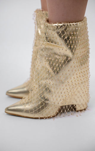 Gold Fold Over Ankle Diamante Fishnet Shark Boot