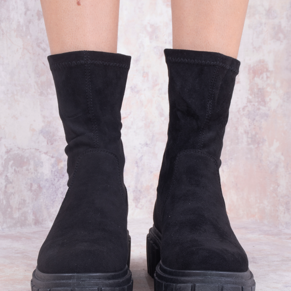 Black Faux Suede Ankle Sock Boot