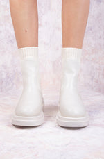 Beige Cream PU Fabric Elastic Ankle Boots with Chunky Rounded Sole