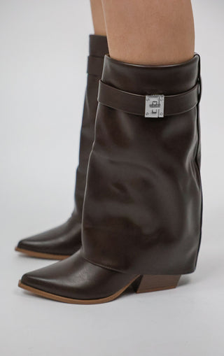 Brown Fold Over Cowboy Lock Detail Calf Boots