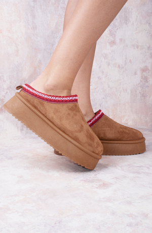 
            
                Load image into Gallery viewer, Cherry Red Tazmin Aztec Detail Faux Fur Lining Platform Faux Suede Slipper
            
        