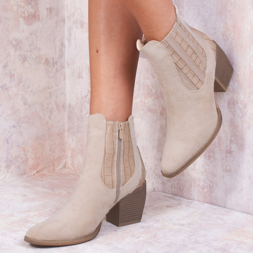 Beige Faux Suede Patent Pu Heeled Ankle Boot