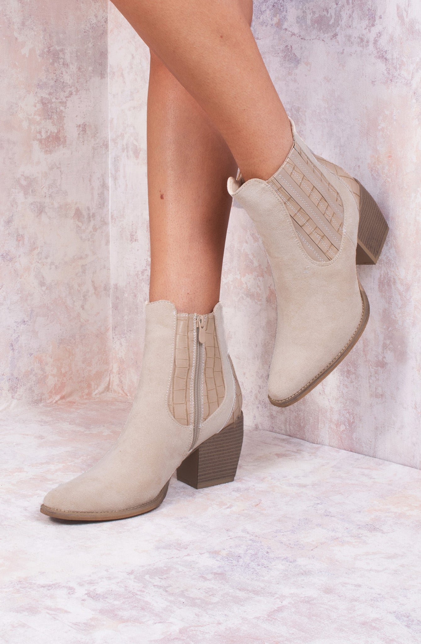 Beige Faux Suede Patent Pu Heeled Ankle Boot