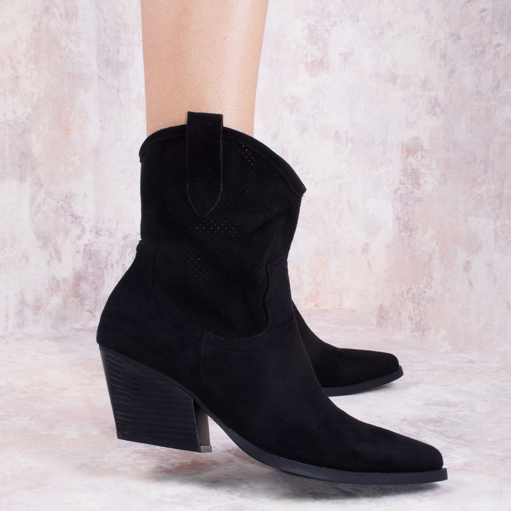 Black Classic Faux Suede Cut Out Heeled Cowboy Boot