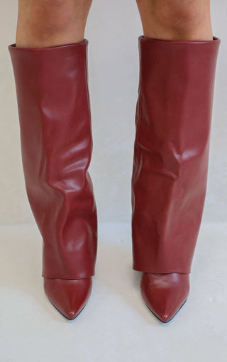 Wine Leather Fold Over Shark Classic Buckle Knee High Boot