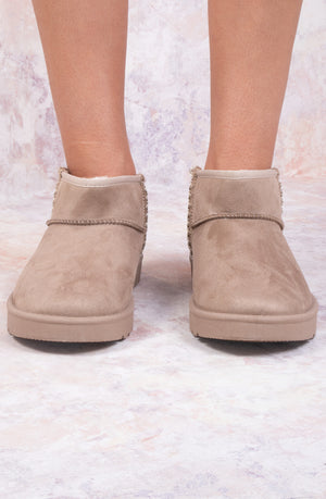 Tazmin Aztec Embroidery Detail In Vertical Faux Fur Slipper In Taupe