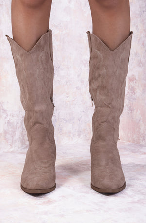 Taupe Mid Calf Embroidery Faux Suede Cowboy Boot