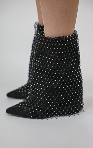 Black Fold Over Ankle Diamante Fishnet Shark Boot