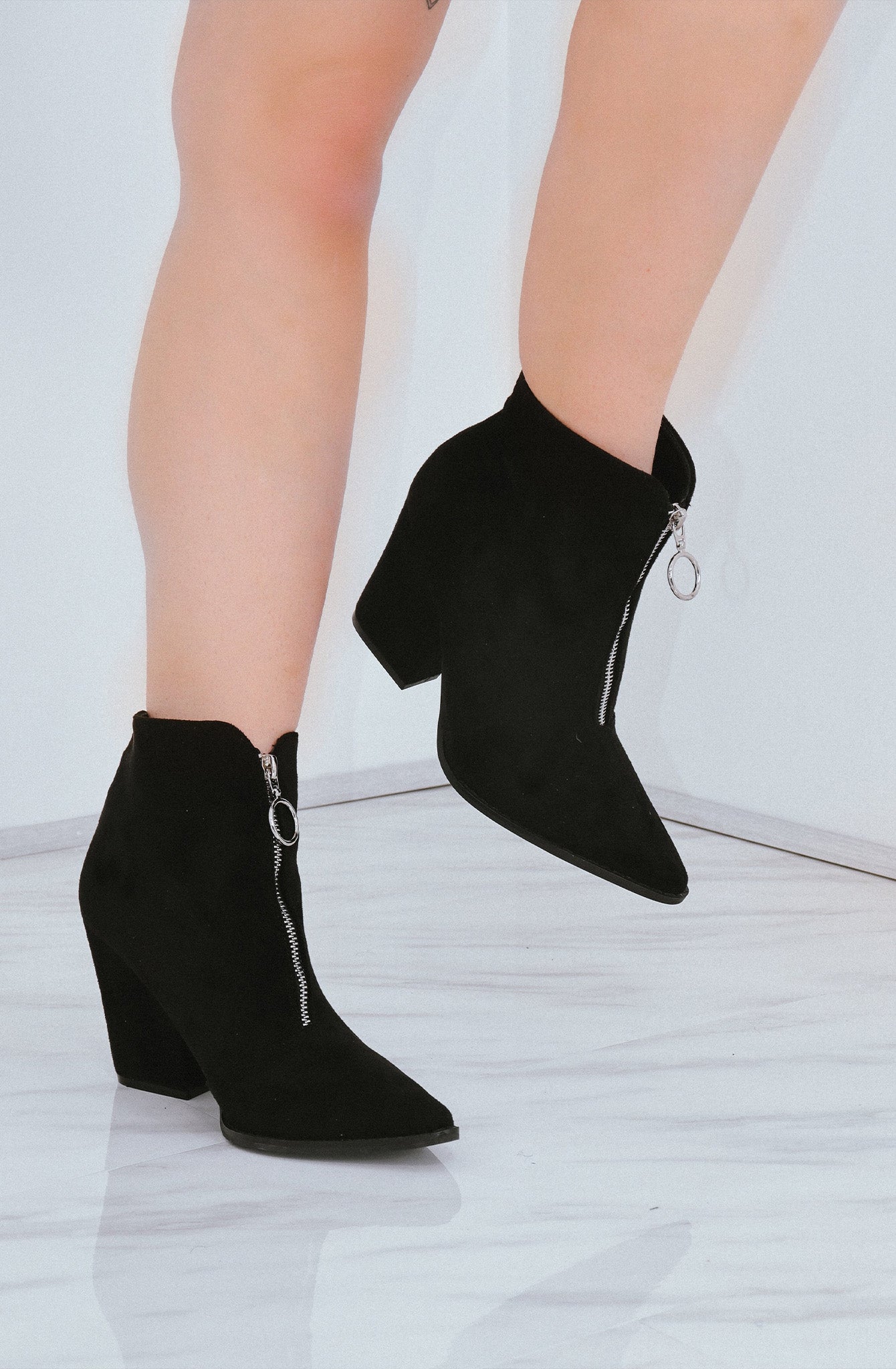 Black Classic Zip Up Faux Suede Heeled Cowboy Boot