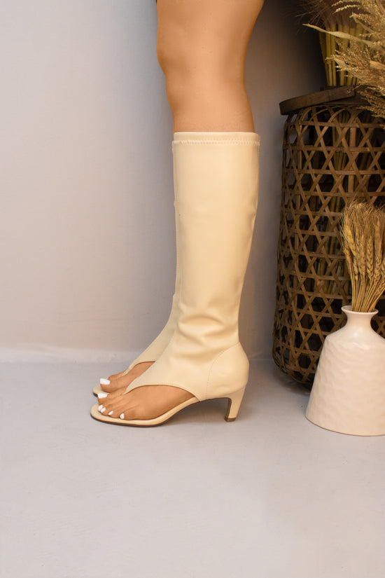 Beige Toe Thong Strap Faux Leather Boots
