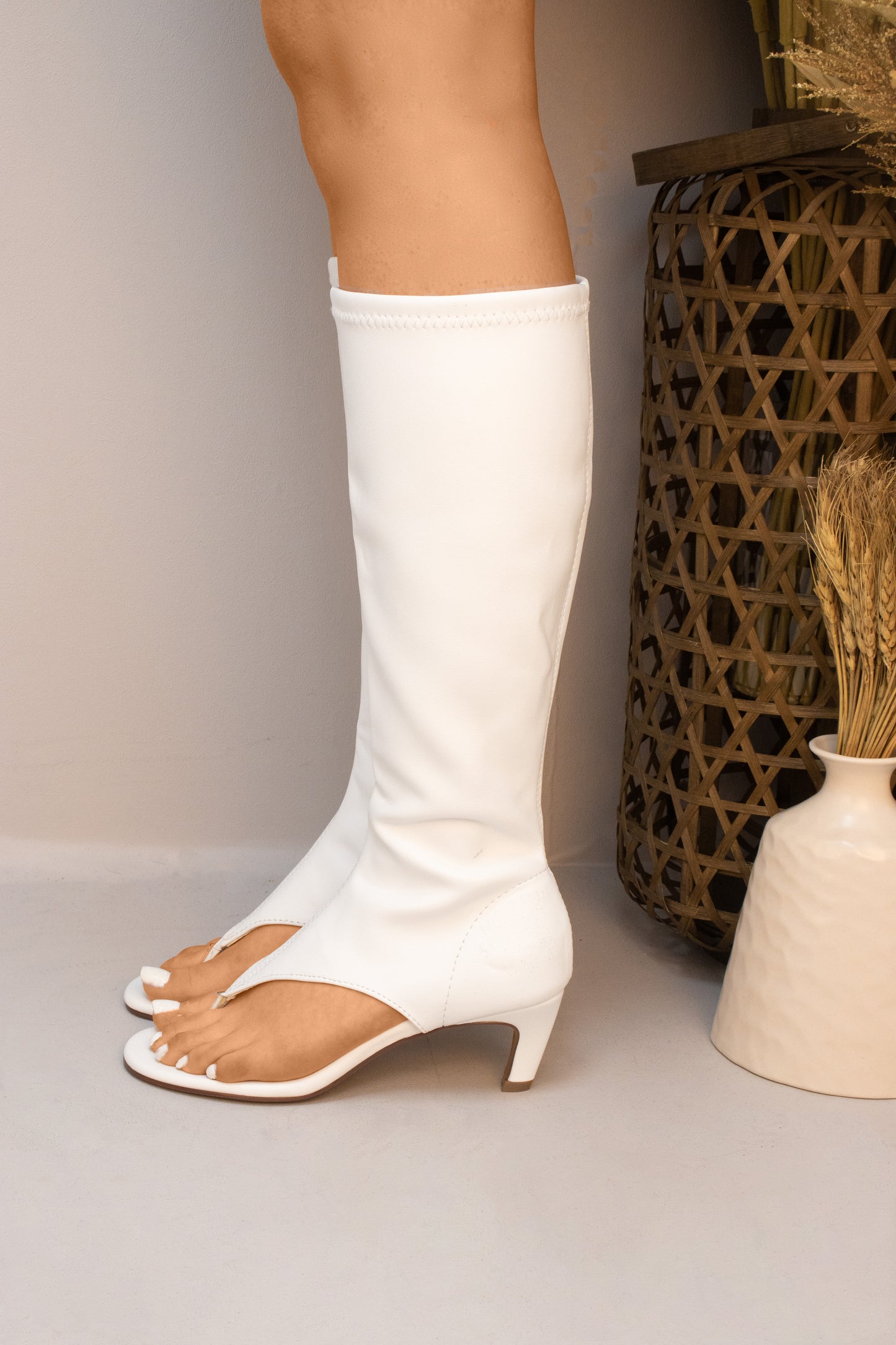 White Toe Thong Strap Faux Leather Boots