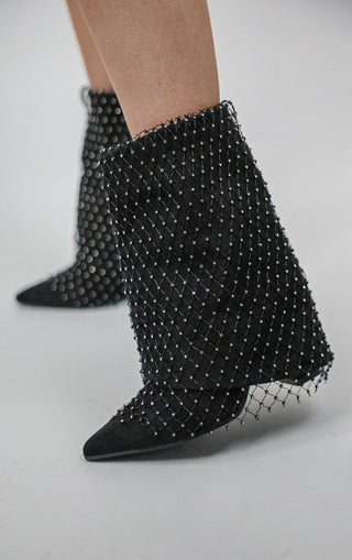 Black Fold Over Ankle Diamante Fishnet Shark Boot