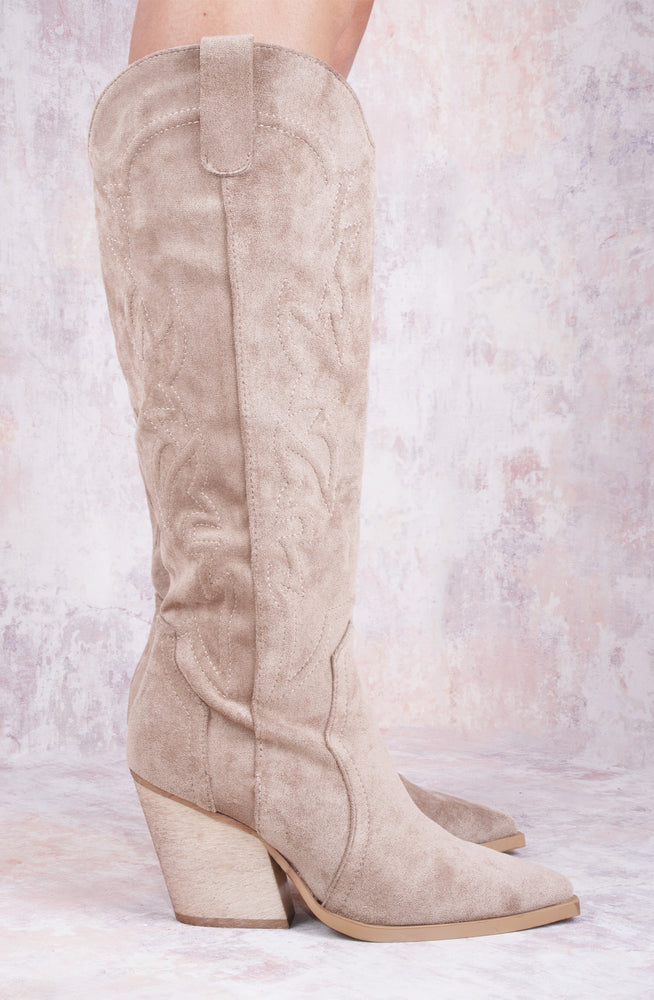 
            
                Load image into Gallery viewer, Taupe Faux Suede Knee High Block Heel Cowboy Boots
            
        
