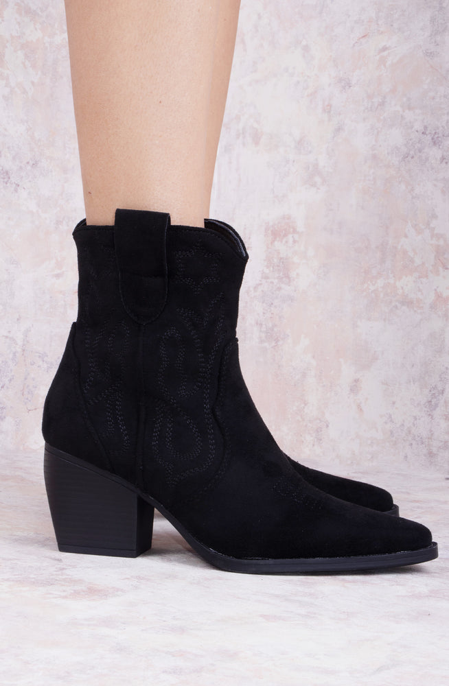 
            
                Load image into Gallery viewer, Star Black Suede Cowboy Ankle Length Boots
            
        