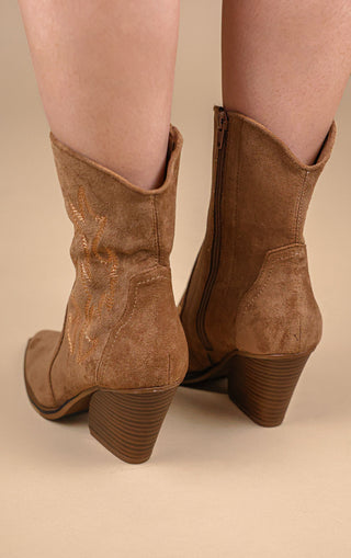 Camel Suede Cowboy Ankle Boots