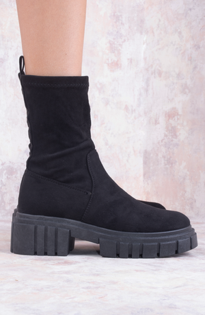 
            
                Load image into Gallery viewer, Black Faux Suede Ankle Sock Boot
            
        