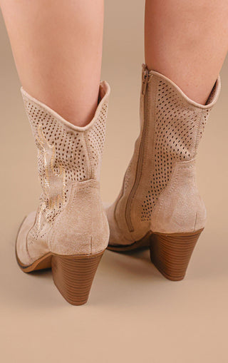 Beige Faux Suede Embroidered Western Pointed Toe Cut Out Cowboy Boots