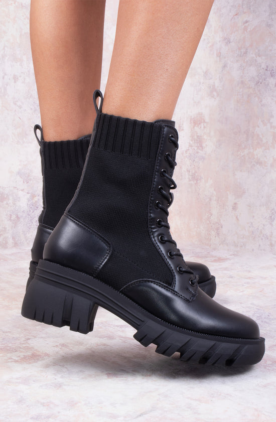 Black Knitted Chunky Sole Biker Boots