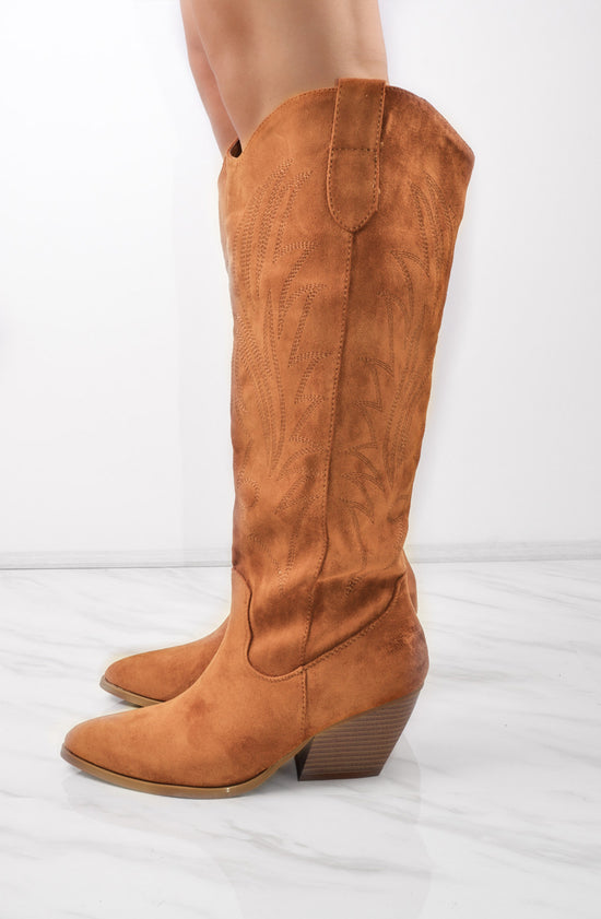 Camel Knee High Embroidery Faux Suede Cowboy Boot