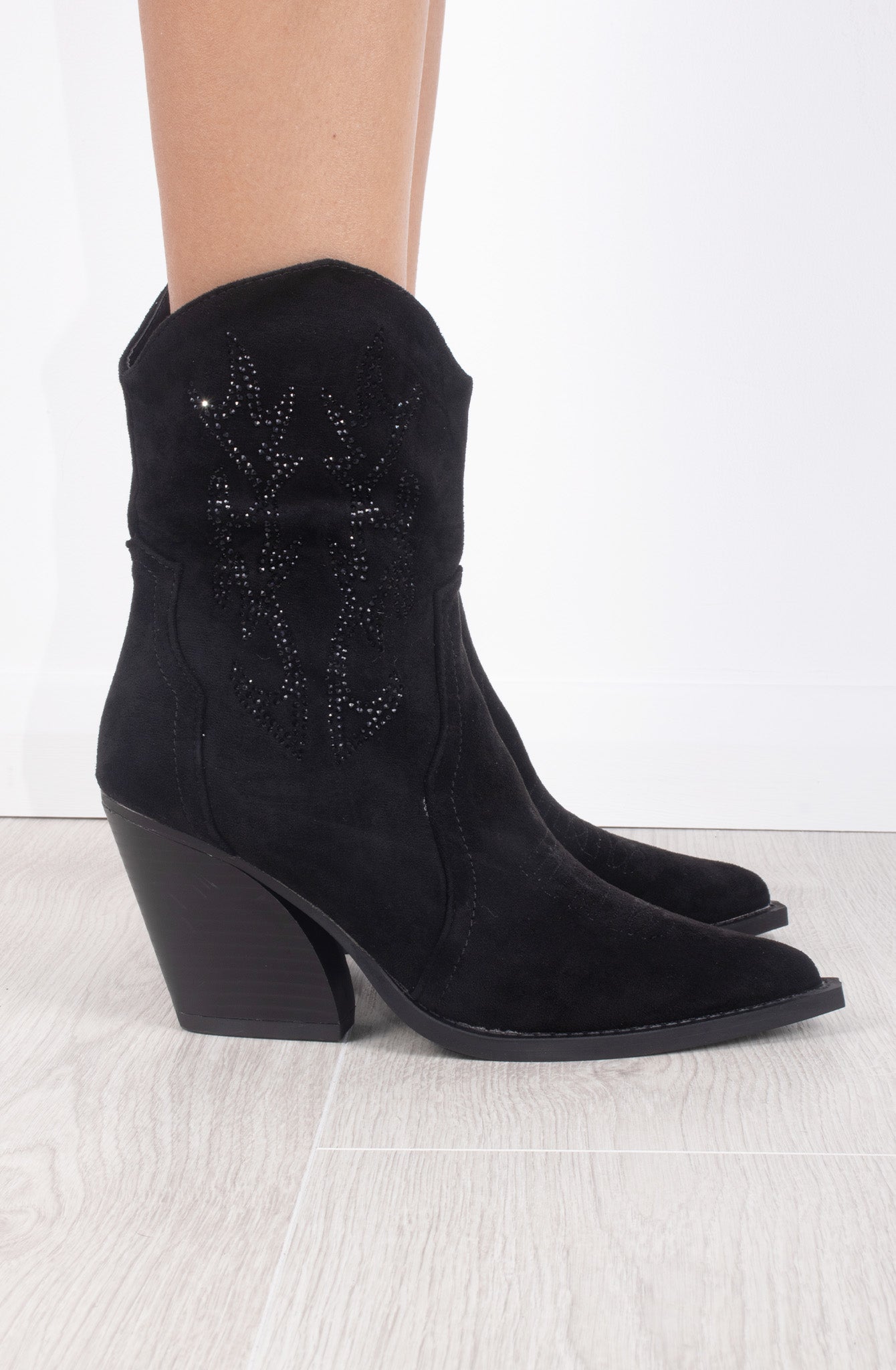 Black Rhinestone Suede Cowboy Ankle Boots