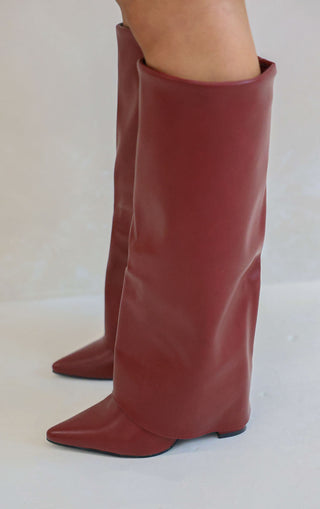 Wine Leather Fold Over Shark Classic Buckle Knee High Boot