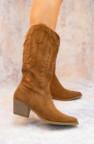 Camel Suede Cowboy Mid Calf Length Boots