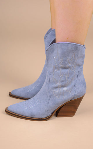 Blue Faux Suede Embroidered Western Pointed Toe Cowboy Boots