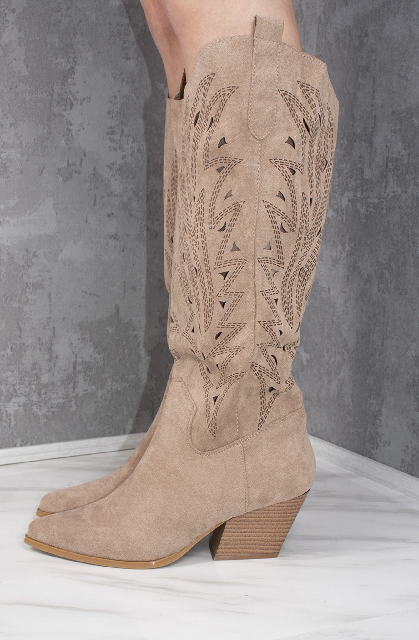 Load image into Gallery viewer, Taupe Faux Suede Western Style Knee High Cut Out Cowboy Boot
