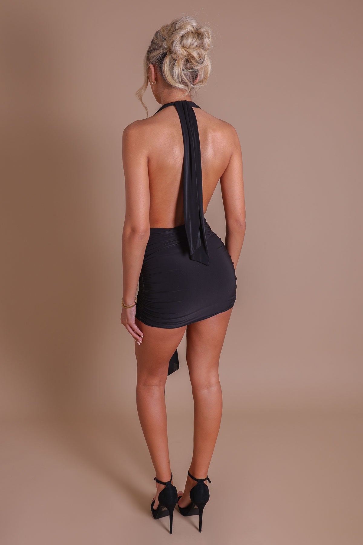 Women's Black Halter Ruched Mini Dress | Drape Party Dress
