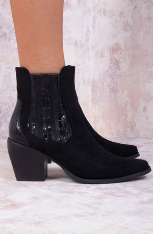 
            
                Load image into Gallery viewer, Black Faux Suede Patent Pu Heeled Ankle Boot
            
        