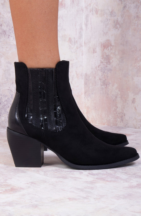 Black Faux Suede Patent Pu Heeled Ankle Boot