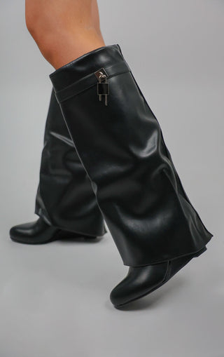 Black PU Padlock Knee High Fold Over Shark Boot