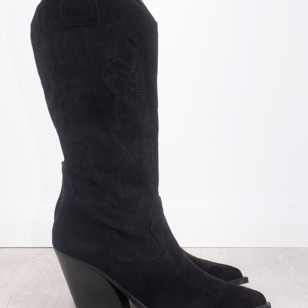 
                      
                        Black Faux Embroidered Suede Knee High Block Heel Cowboy Boots
                      
                    