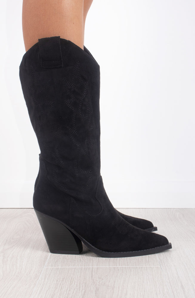 
            
                Load image into Gallery viewer, Black Faux Embroidered Suede Knee High Block Heel Cowboy Boots
            
        