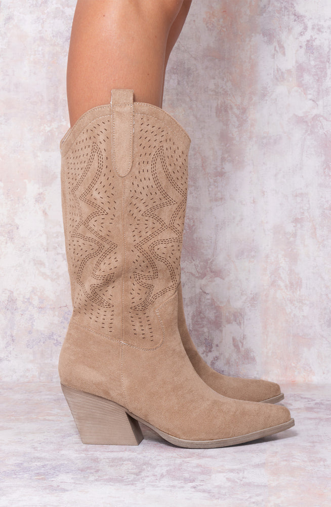 
            
                Load image into Gallery viewer, Taupe Almond Toe Mid Calf Embroidered Cowboy Boot
            
        