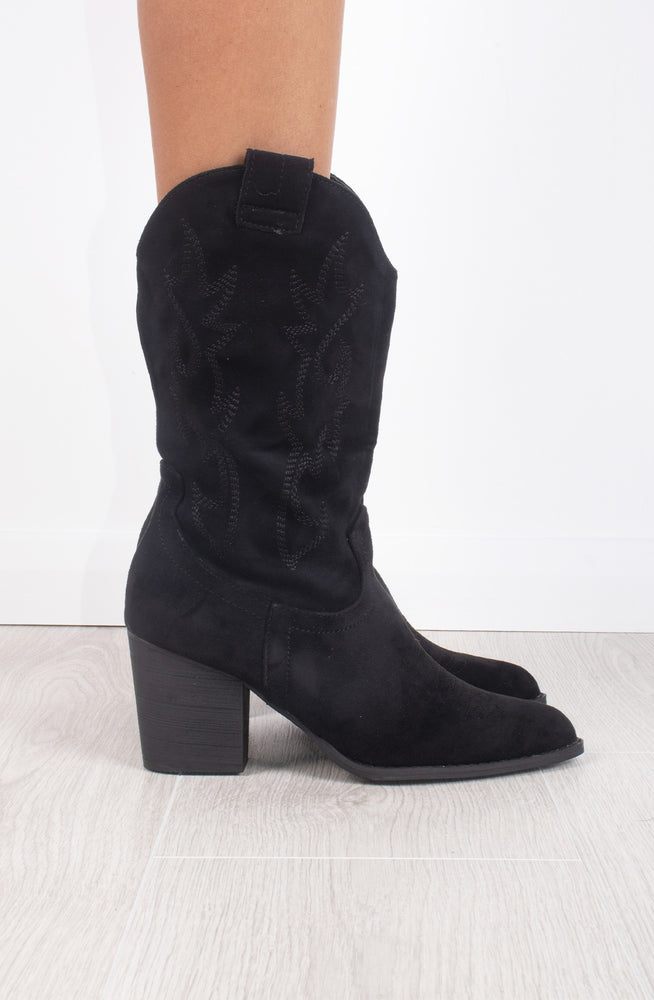 Black Faux Suede Embroidered Western Pointed Toe Mid Calf Cowboy Boots