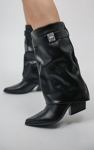 Black Fold Over Cowboy Lock Detail Calf Boots