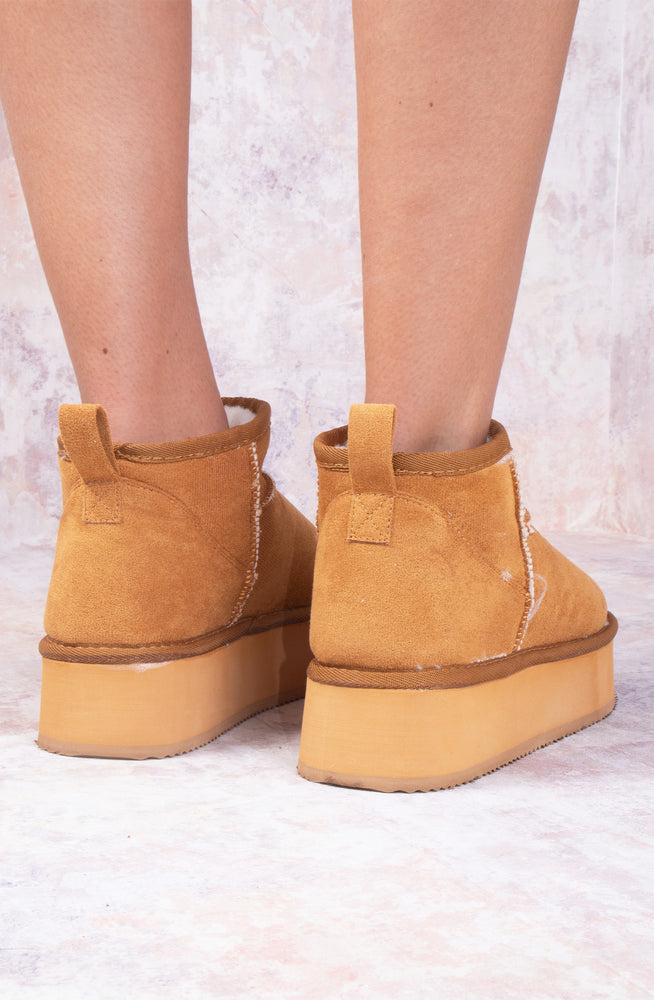 
            
                Load image into Gallery viewer, Camel Faux Suede Ultra  Mini Ankle Platform Boots
            
        